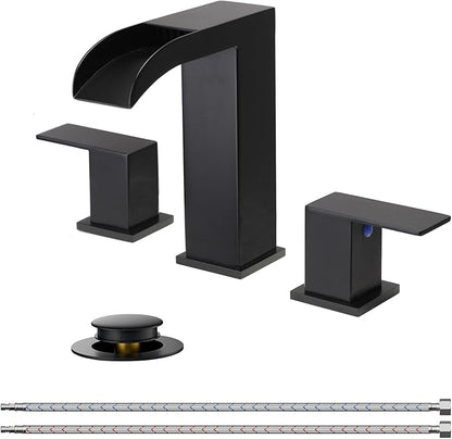 VCCUCINE Black Bathroom Faucet 3 Hole, 8 Inch Widespread Square Waterfall Bathroom Sink Faucet,Matte Black Vanity Bathroom Faucets for Vanity, Restroom, Commercial with Pop Up Drain and Supply Lines