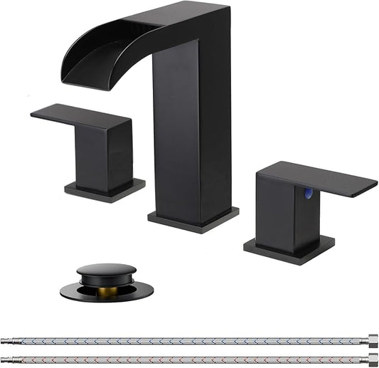 VCCUCINE Black Bathroom Faucet 3 Hole, 8 Inch Widespread Square Waterfall Bathroom Sink Faucet,Matte Black Vanity Bathroom Faucets for Vanity, Restroom, Commercial with Pop Up Drain and Supply Lines