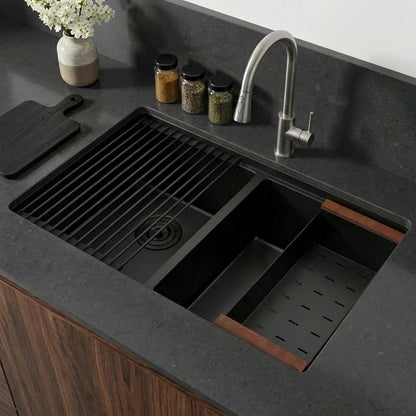 LQS 32 Inch Black Kitchen Sink, Undermount Kitchen Sink Black with Abundant Workstation Accessories, 10” Deep Enough and 50/50 Double Kitchen Sink for Food Prep and Dish Rinsing