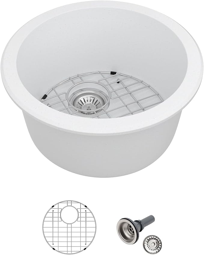 Logmey 18" Round Bar Sink White Granite Composite Quartz Undermount RV Sink Single Bowl Under Counter 9" Deep Kitchen Sinks,18x18x9 Inch