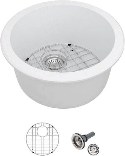 Logmey 18" Round Bar Sink White Granite Composite Quartz Undermount RV Sink Single Bowl Under Counter 9" Deep Kitchen Sinks,18x18x9 Inch
