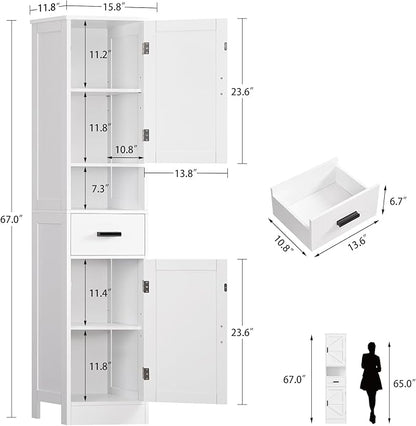 TEENFON 67" H Bathroom Storage Cabinet with Barn Doors & Adjustable Shelves, Bathroom Cabinet with Drawer, Narrow Bathroom Storage Unit, Floor Cabinets for Living Room, Kitchen, White