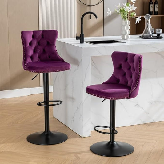 Modern Swivel Bar Stool with Adjustable Height and Tufted Upholstered Backrest for Kitchen Island, Home Bar, or Dining Area (Purple + Velvet + Foam-1)