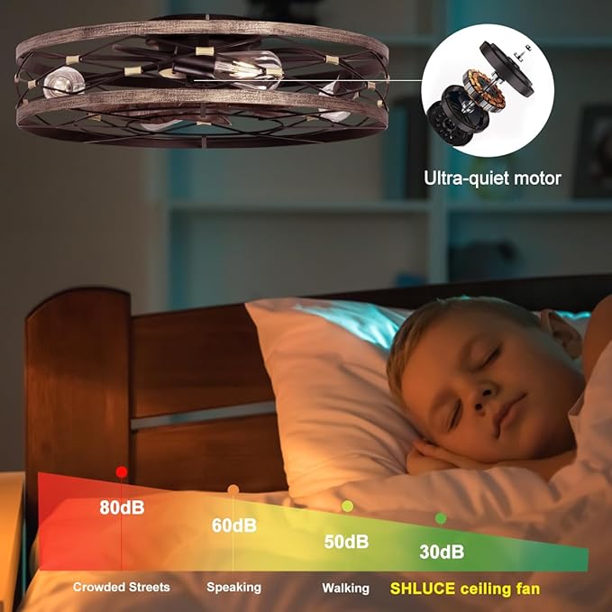 SHLUCE 23.6" Caged Ceiling Fan with Light Flush Mount, Farmhouse Low Profile Ceiling Fans with Lights and Remote, 6 Speeds Rustic Large Bladeless Ceiling Fan with Light for Bedroom, Living Room