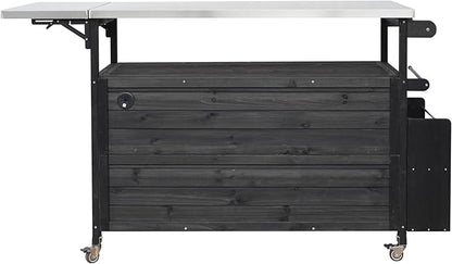 JIJIWANG 60.6" Mobile Kitchen Storage Island with Storage Cabinet and Towel Rack, Foldable Outdoor Kitchen Island with Stainless Steel Top and Lockable Wheels for Patio and Outdoor Black
