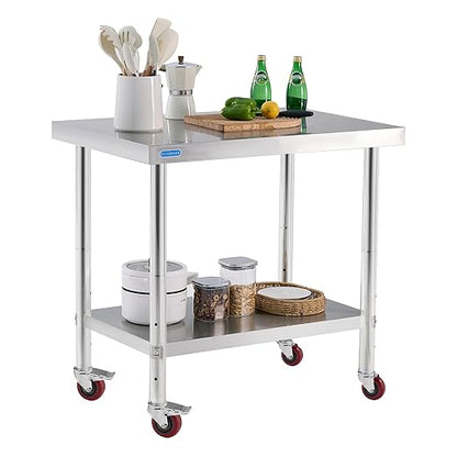 KUARBARR Stainless Steel Table for Prep & Work with 4 Caster Wheels with Undershelf 24 x 36 NSF Metal Commercial Kitchen Adjustable Undershelf Worktable for Restaurant Home Outdoor