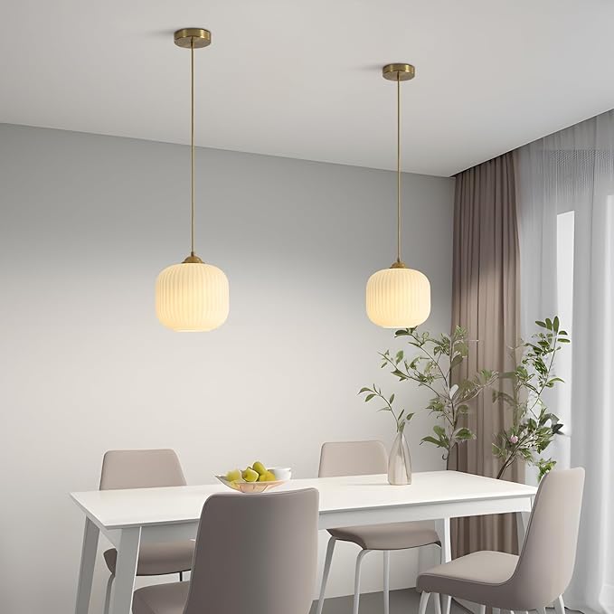 KCO Lighting Mid Century Modern Gold White Pendant Light Milk Glass Globe Pendant Lights Kitchen Island Antique Brass Pendant Light Vintage Hanging Light Fixture for Dining Room Living Room (2-Pack)