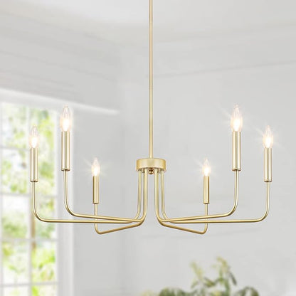Gold Chandelier, 6-Light Farmhouse Chandeliers for Dining Room, Rustic Candle Chandelier Light Fixture, Industrial Modern Chandeliers Lighting for Kitchen Living Room Foyer Entrance