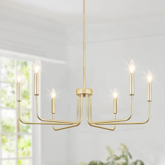 Gold Chandelier, 6-Light Farmhouse Chandeliers for Dining Room, Rustic Candle Chandelier Light Fixture, Industrial Modern Chandeliers Lighting for Kitchen Living Room Foyer Entrance