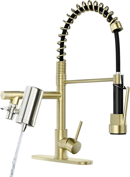 AIMADI Gold Kitchen Faucet with Water Filter and Deck Plate, Commercial Spring Brushed Gold Pull Down Kitchen Sink Faucet for Drinking Water, Farmhouse, RV, Utility or Laundry Sink