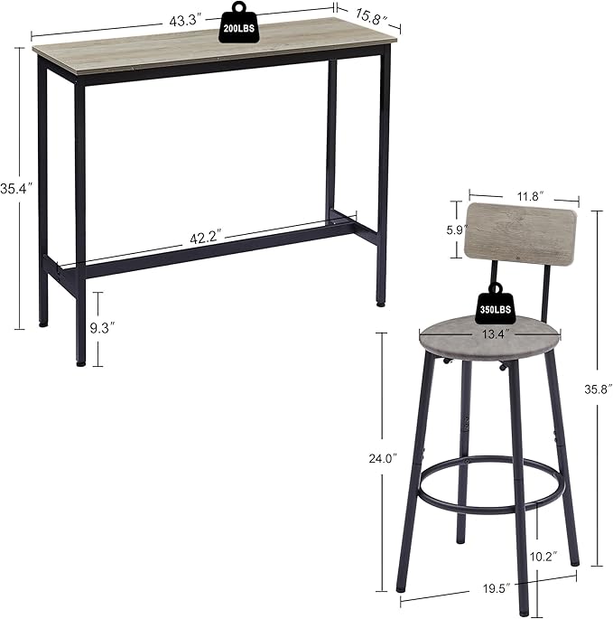 Set of 2 Bar Table and Chair, Kitchen Dinning Table Set with 2 Soft PU Backrest Stools, Counter Pub High Top Console for Kitchen, Pub, Small Space
