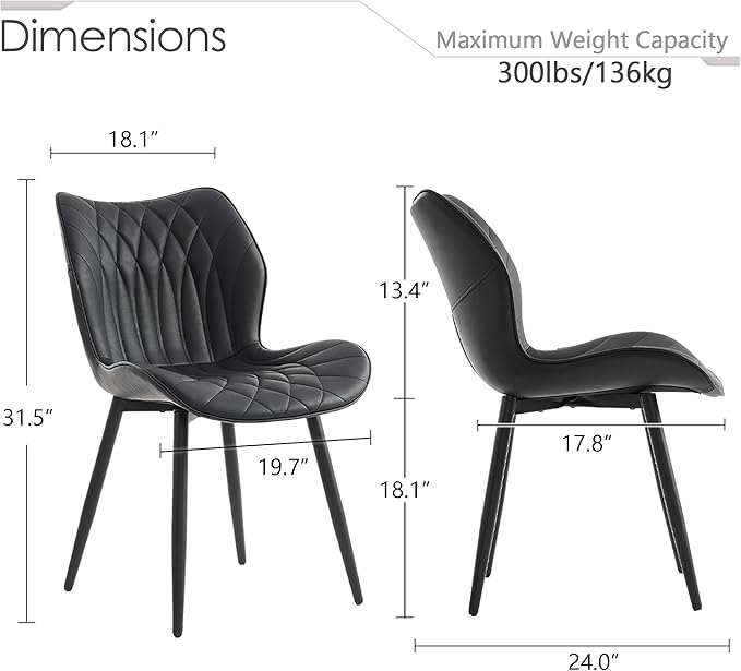 Kidol & Shellder Dining Chairs Set of 2, PU Leather Upholstered Kitchen Chairs with Back Armless, Mid Century Modern Side Chair for Dining Room, Living Room, Lounge, Restaurant, Black