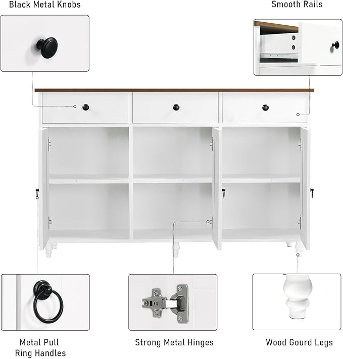 4 EVER WINNER Sideboard Buffet Cabinet with Storage, 47" Kitchen Sideboard with 3 Drawers and 3 Doors, Buffet Table for Kitchen, Modern Dining Room Cabinet, White
