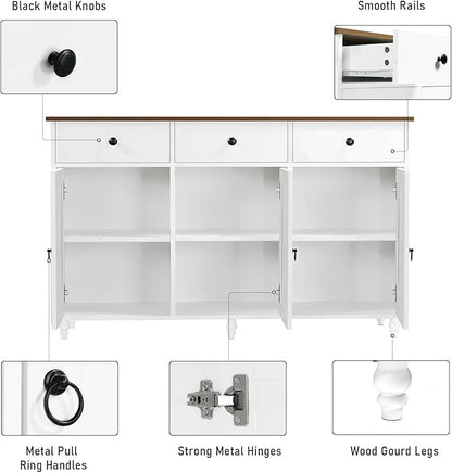 4 EVER WINNER Sideboard Buffet Cabinet with Storage, 47" Kitchen Sideboard with 3 Drawers and 3 Doors, Buffet Table for Kitchen, Modern Dining Room Cabinet, White