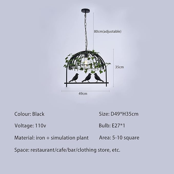 Plant Black Pendant Lighting For Kitchen Island Farmhouse, Black Resin Bird Cage Industrial Pendant Light, Retro Industrial Black Iron Bird Cage Green Plants Black Chandelier Farmhouse Restaurant