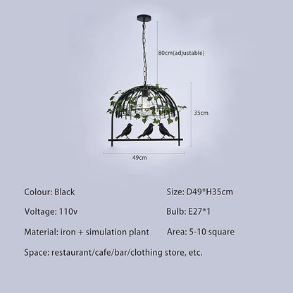 Plant Black Pendant Lighting For Kitchen Island Farmhouse, Black Resin Bird Cage Industrial Pendant Light, Retro Industrial Black Iron Bird Cage Green Plants Black Chandelier Farmhouse Restaurant
