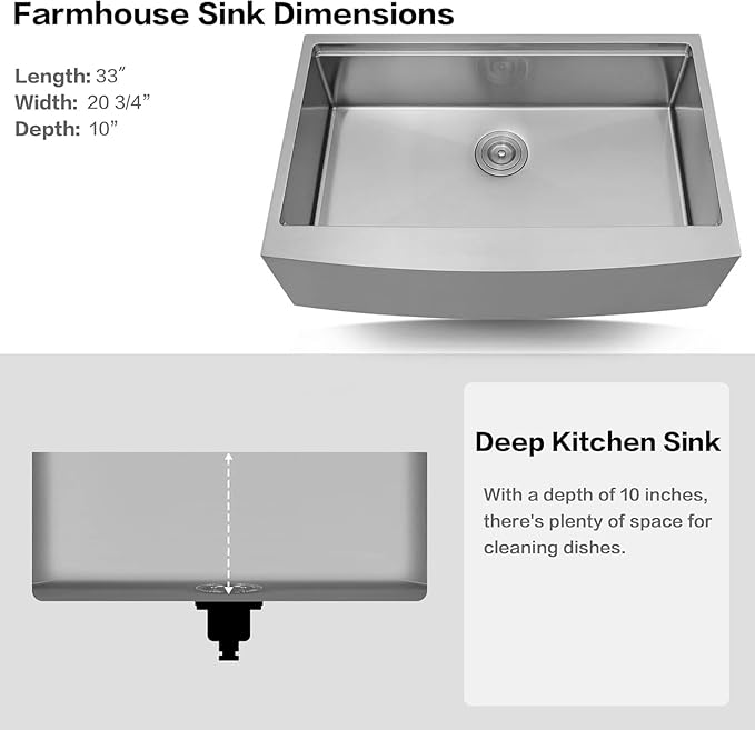 Farmhouse Kitchen Sink,16 Gauge T-304S Stainless Steel Workstation Farm Sinks with Accessories, 33" x 20" x 10" Large and Deep Apron Front Kitchen Sinks for Home, Kitchen and Outdoor