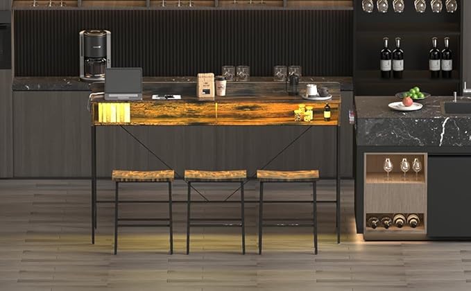 59" Bar Height Table and Chairs Set – Farmhouse Style Bar Table with 3 Saddle Stools, Perfect as Kitchen Table, Small Dining Table with Chairs, or Kitchen Island Seating Solution (Brown)