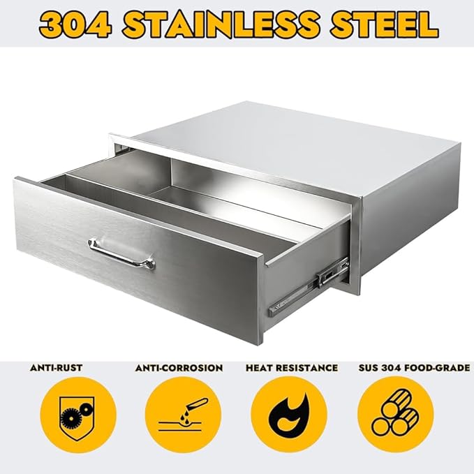Outdoor Kitchen Drawers, 30" W x 23" D x 10" H Stainless Steel Single Access BBQ Drawer, Flush Mount Enclosed Drawer with Handle for Outdoor Kitchens & BBQ Islands, No Installation Required