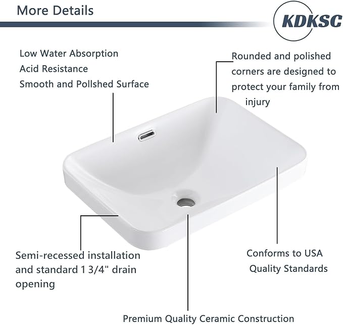 Bathroom Vessel Sink 20.6'' x 14.7'' Semi Recessed Bathroom Sink Rectangular Drop In Sink with Overflow White Ceramic Modern Vessel Sinks for Bathroom