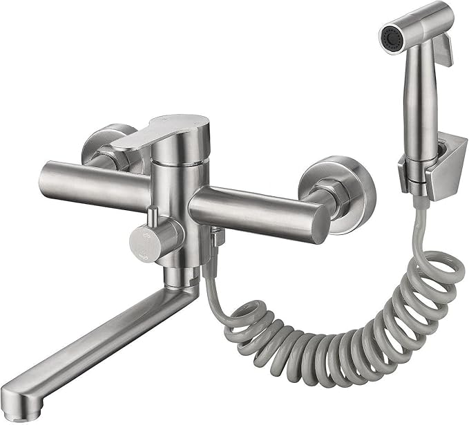 Wall Mount Kitchen Sink Faucet with Side Sprayer, Commercial Faucet, Nickel Brushed Unility Sink Faucet, Mixer Tap, 7.7-8.3 Inches Center, Spout Reach 9.2"