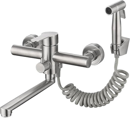 Wall Mount Kitchen Sink Faucet with Side Sprayer, Commercial Faucet, Nickel Brushed Unility Sink Faucet, Mixer Tap, 7.7-8.3 Inches Center, Spout Reach 9.2"