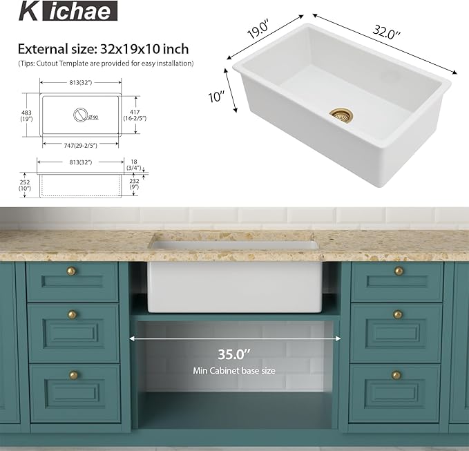 Kichae 32 Inch White Undermount Sink Fireclay 32x19 Inch White Kitchen Sink Dual Drop in & Undermount Kitchen Sinks Single Bowl Deep Porcelain Ceramic Sinks