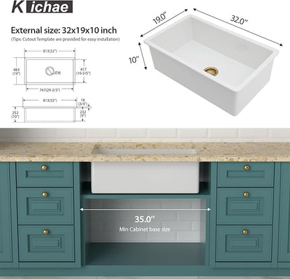 Kichae 32 Inch White Undermount Sink Fireclay 32x19 Inch White Kitchen Sink Dual Drop in & Undermount Kitchen Sinks Single Bowl Deep Porcelain Ceramic Sinks