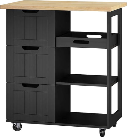 Shintenchi Kitchen Island Cart with Storage,Rolling Kitchen Island Storage Cabinet,Side Table on Wheels with Worktop,3 Open Shelves and 3 Drawers for Kitchen,Dinning Room, Black