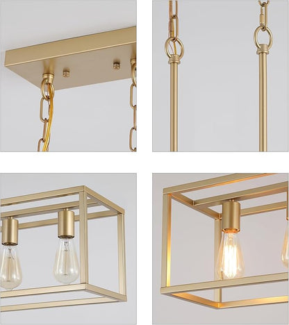 AMZASA Gold Rectangle Kitchen Island Lights Rectangular Modern Industrial Chandelier for Dining Room 5 Lights Linear Vintage Cage Light Fixtures UL Listed
