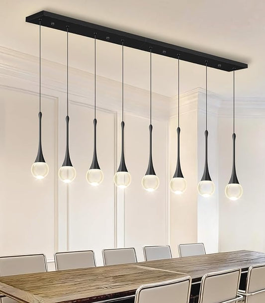 Rectangular Crystal Pendant Lights for Kitchen Island 8 Light Dimmable Crystal Chandelier Lighting Fixtures with Remote for Dining Room Living Room Black