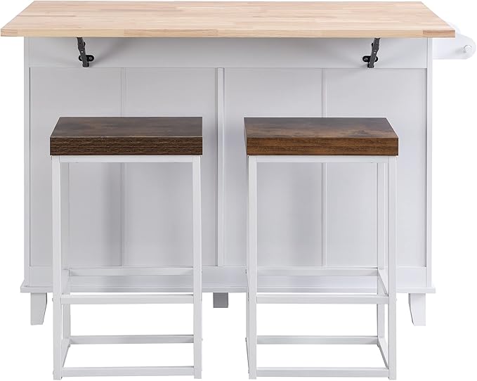 Kitchen Island Set with Drop Leaf and 2 Seatings, Dining Table Set with Storage Cabinet, Drawers and Towel Rack, Suitable for Kitchens, Dining Rooms (White+Rustic Brown@d)