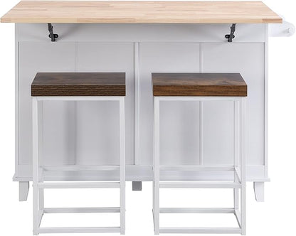 Farmhouse Kitchen Island Set with 2 Stools and Drop Leaf Dining Table with Storage Cabinet, Drawers and Towel Rack for Small Place (White+Rustic Brown*)