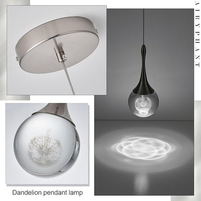 Nickel Teardrop Pedant Light Modern Dimmable 1-Light LED Crystal Globe Pendant Lighting Fixture for Kitchen Island Dining Room Bathroom Hallway 6000K Cool White