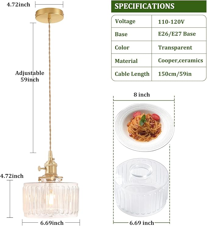 Shenmoyl Pendant Light with Clear Striped Glass Lmapshade, Brass Vintage Pendant Light Adjustable Hanging Light for Kitchen Island Dining Room Hallway