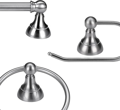 Globe Electric 51229 Jayden 5-Piece All-in-One Bathroom Set, Satin Nickel, 3-Light Vanity Light with White Opal Glass Shades, Towel Bar, Toilet Paper Holder, Towel Ring, Robe Hook