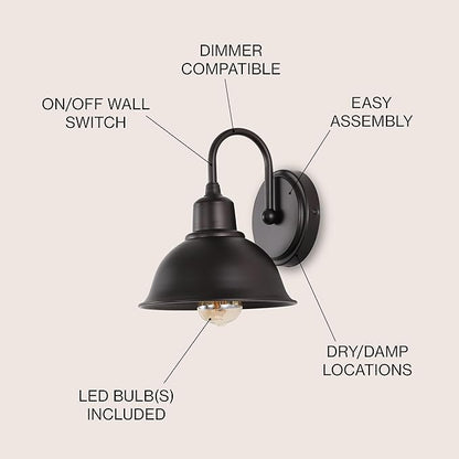 JONATHAN Y 8" Oil Rubbed Bronze Farmhouse Industrial 1-Light LED Vanity Wall Sconce for Bathroom Mirror Kitchen, Metal Shade, Dimmable Vintage Lighting, LED Bulb Included (JYL7481B)
