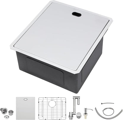 Outdoor Sink and Faucet - Beslend 17x19x9 Inch Undermount Bar Sink With Folding Faucet and Cover 16 Gauge Stainless Steel Single Bowl Sink Indoor Outdoor