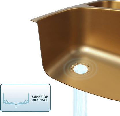 LQS Brushed Gold Kitchen Sink, 32 Inch Undermount Kitchen Sink Gold, Double Kitchen Sink Stainless Steel with Two Sink Strainers and Two Sink Grids