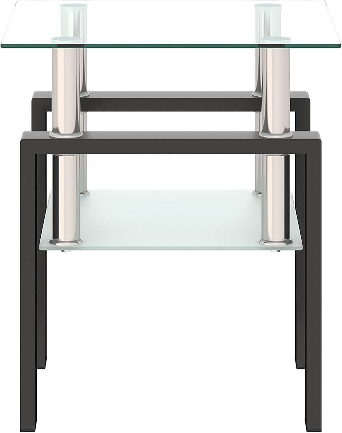 Glass End Table, Glass Side Table with Tempered Glass Top & Metal Legs, Living Room Table Modern Square Tea Table Side Tables 2-Layer for Living Room Bedroom