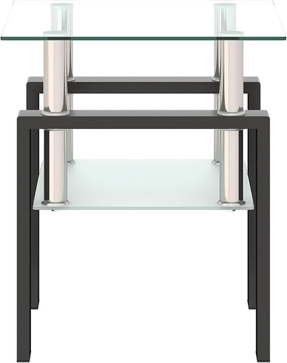 Glass End Table, Glass Side Table with Tempered Glass Top & Metal Legs, Living Room Table Modern Square Tea Table Side Tables 2-Layer for Living Room Bedroom