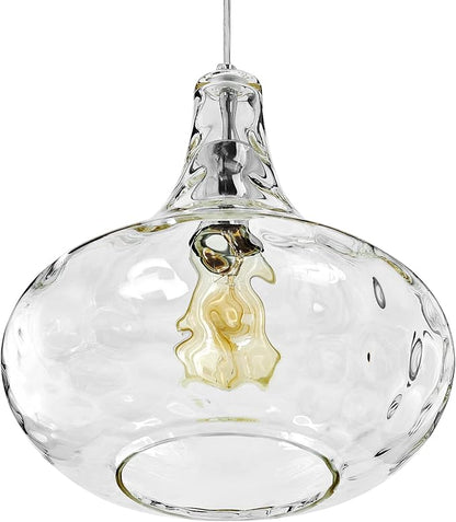 Farmhouse Vintage Glass Pendant Light with Handblown Hammered Shade - Adjustable Hanging Cord for Kitchen Island, Dining Room, Hallway - 11 Inch Chrome Ceiling Fixture