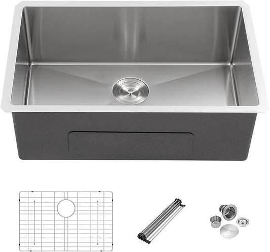 28 inch Undermount Sink - Mocoloo 28x18 inch Single Bowl Kitchen Sink Stainless Steel 16 Gauge Round Corner 10 inch deep with Accessories
