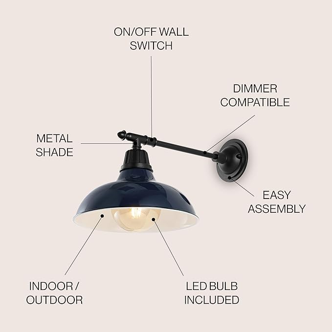 JONATHAN Y 12.25" Navy/Black 1-Light Industrial Farmhouse Outdoor Sconce, Iron Wall Light with LED Bulb, Metal Bowl Shade, Vintage Porch Lamp for Entryway Patio Kitchen (JYL7615C)
