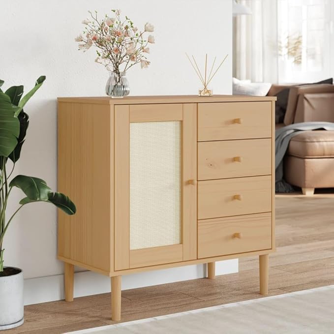 Brown Solid Pine Wood Sideboard, Rattan Look Buffet Cabinet with Drawers, 31.5 Inch Storage for Living Room, Hallway Furniture Kitchen Furnitur