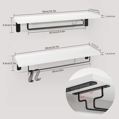 Afuly Coffee Bar Shelf, 20 Inch Wall Mounted Shelves for Mugs & Glasses, Floating Shelves with 8 Hooks, Coffee Cup Wall Holder, Set of 2
