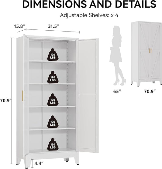 COFaR 71" Metal Pantry Cabinet with 5 Adjustable Shelves, White Storage Cabinet with Doors, Sturdy Freestanding Cupboard for Kitchen Organization, Living Room & Bathroom