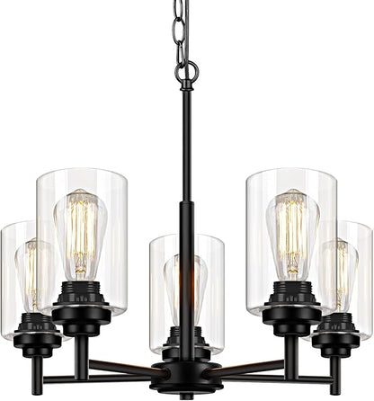 Sucolite 19.8'' 5-Light Chandelier for Dining Room Kitchen Island, Modern Farmhouse Pendant Lighting with Glass Shades Industrial Black Hanging Ceiling Light Fixture for Living Room, Height Adjustable
