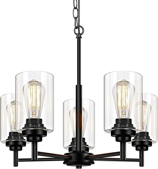Sucolite 19.8'' 5-Light Chandelier for Dining Room Kitchen Island, Modern Farmhouse Pendant Lighting with Glass Shades Industrial Black Hanging Ceiling Light Fixture for Living Room, Height Adjustable