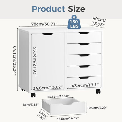 DUMOS 5 Drawer File Cabinet Office Drawers Organizer with Wheels Rolliing, Under Desk Cabinets with Shelves and Door Printer Stand with Wood Board Metal Frame for Home Office Storage Craft Room, White